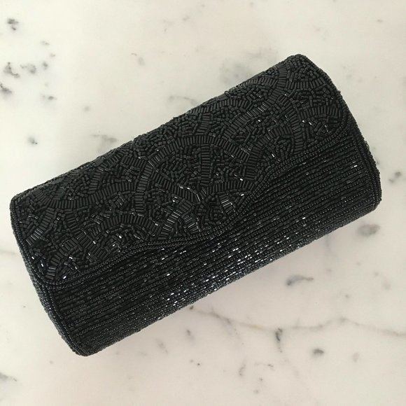 Vintage Black Bugle Bead Evening Bag Clutch MINT - Picture 1 of 10